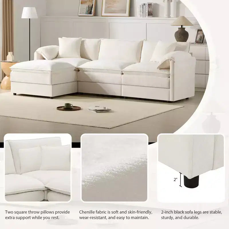 Canapé d'angle modulable 4 places en chenille Polibi en U avec pouf mobile et accoudoirs coussins