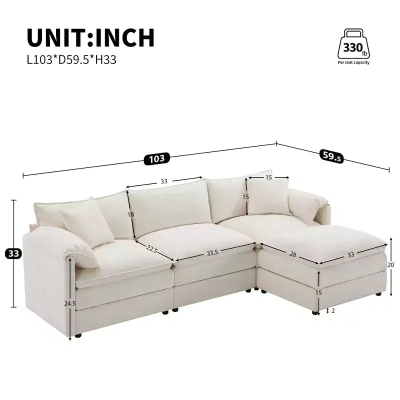 Canapé d'angle modulable 4 places en chenille Polibi en U avec pouf mobile et accoudoirs coussins