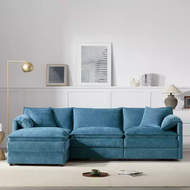 Canapé d'angle modulable 4 places en chenille Polibi en U avec pouf mobile et accoudoirs coussins