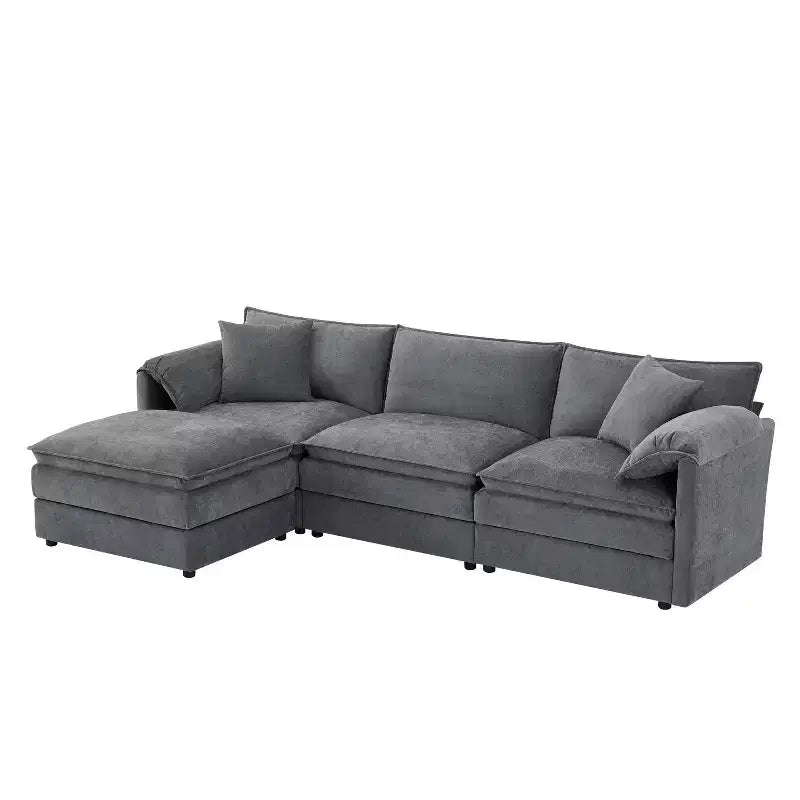 Canapé d'angle modulable 4 places en chenille Polibi en U avec pouf mobile et accoudoirs coussins