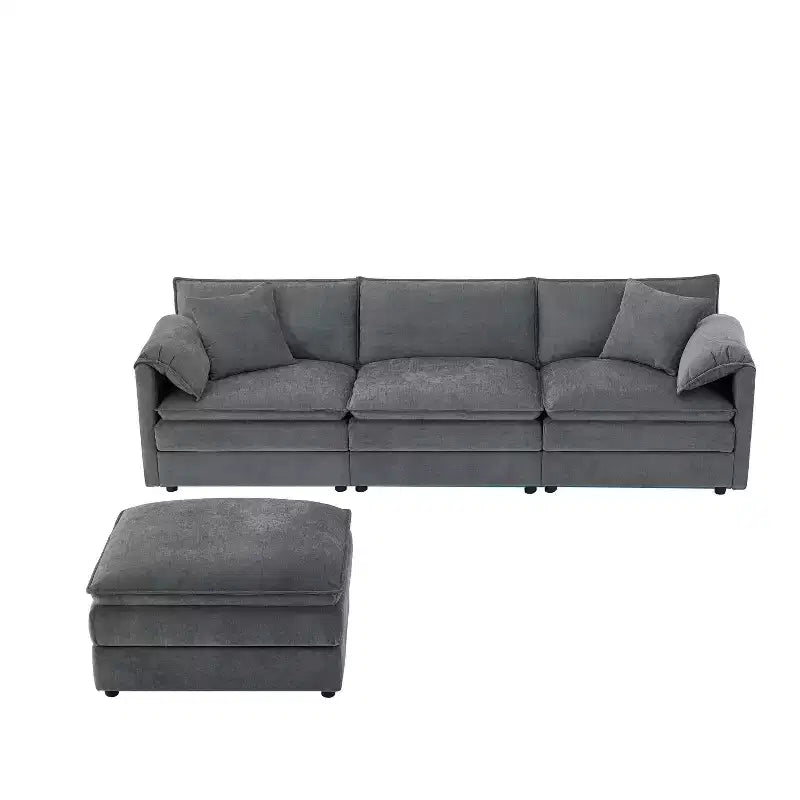 Canapé d'angle modulable 4 places en chenille Polibi en U avec pouf mobile et accoudoirs coussins
