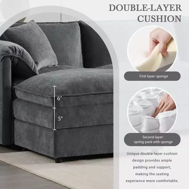 Canapé d'angle modulable 4 places en chenille Polibi en U avec pouf mobile et accoudoirs coussins