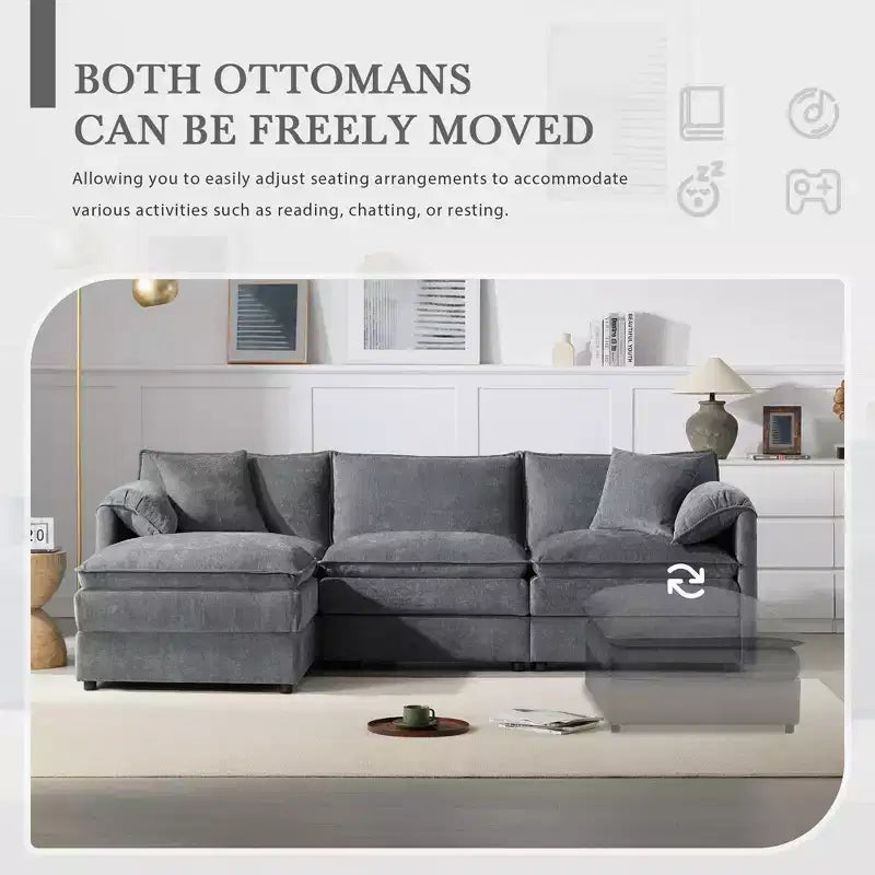 Canapé d'angle modulable 4 places en chenille Polibi en U avec pouf mobile et accoudoirs coussins