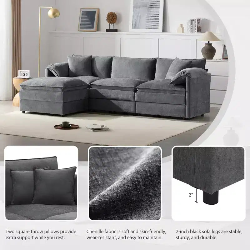 Canapé d'angle modulable 4 places en chenille Polibi en U avec pouf mobile et accoudoirs coussins