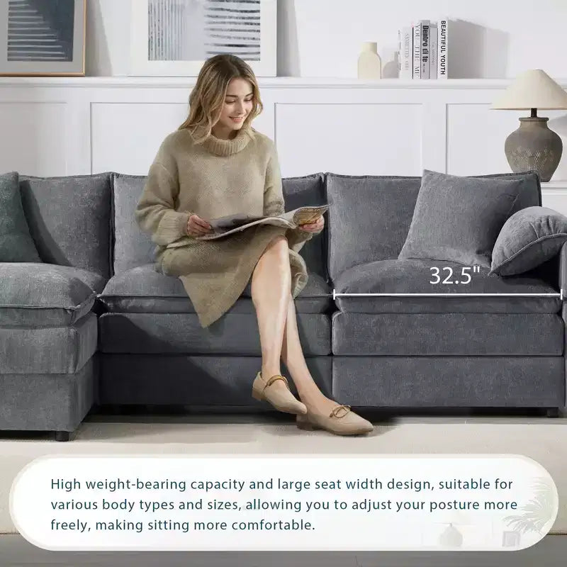 Canapé d'angle modulable 4 places en chenille Polibi en U avec pouf mobile et accoudoirs coussins