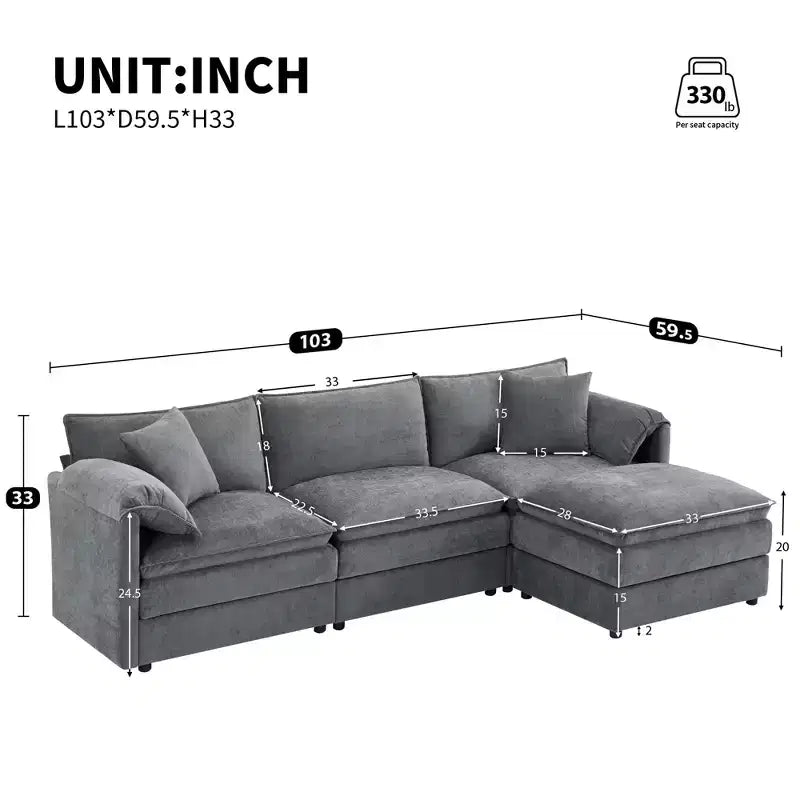 Canapé d'angle modulable 4 places en chenille Polibi en U avec pouf mobile et accoudoirs coussins