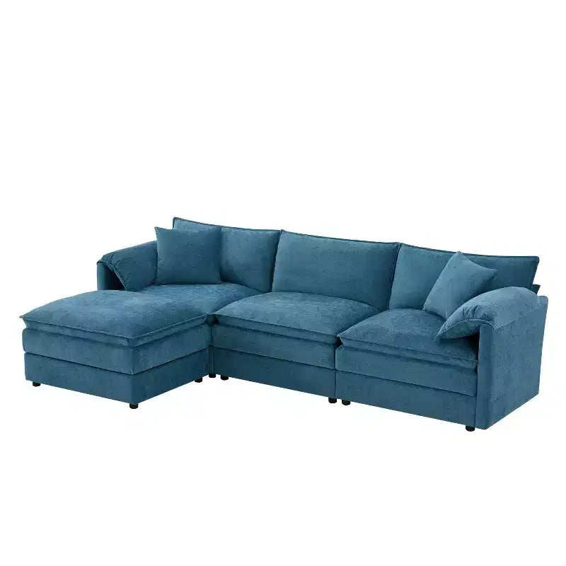 Canapé d'angle modulable 4 places en chenille Polibi en U avec pouf mobile et accoudoirs coussins
