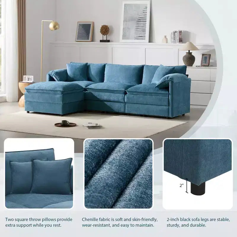 Canapé d'angle modulable 4 places en chenille Polibi en U avec pouf mobile et accoudoirs coussins