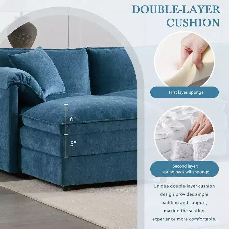 Canapé d'angle modulable 4 places en chenille Polibi en U avec pouf mobile et accoudoirs coussins
