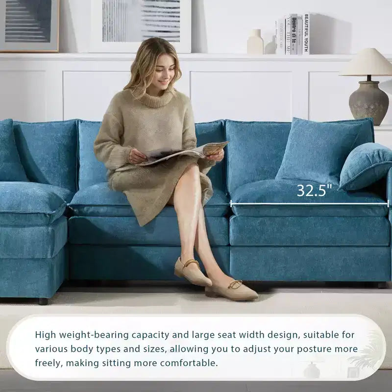 Canapé d'angle modulable 4 places en chenille Polibi en U avec pouf mobile et accoudoirs coussins