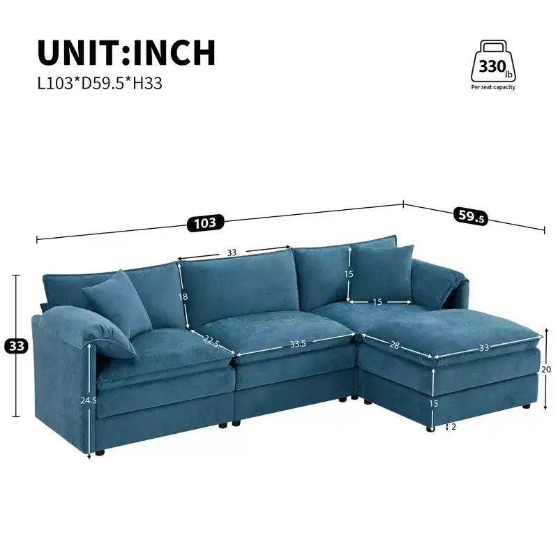 Canapé d'angle modulable 4 places en chenille Polibi en U avec pouf mobile et accoudoirs coussins