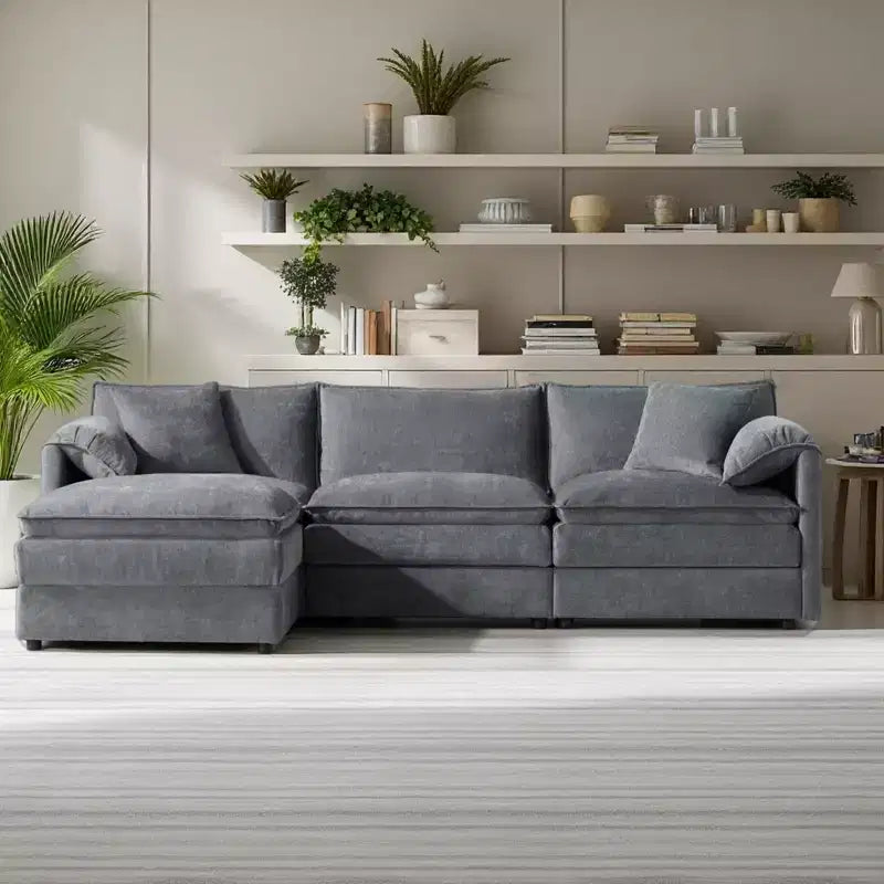 Canapé d'angle modulable 4 places en chenille Polibi en U avec pouf mobile et accoudoirs coussins