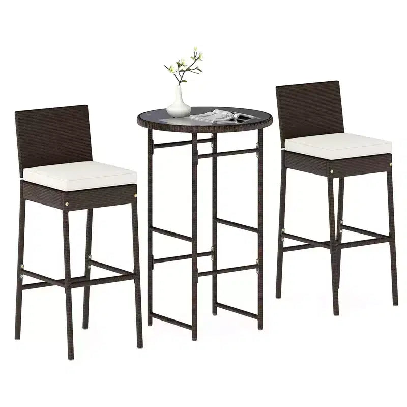 Ensemble de bar d'extérieur 3 pièces Costway Table haute et chaises en rotin de patio avec plateau en verre