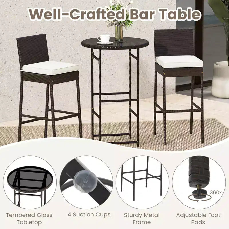 Ensemble de bar d'extérieur 3 pièces Costway Table haute et chaises en rotin de patio avec plateau en verre