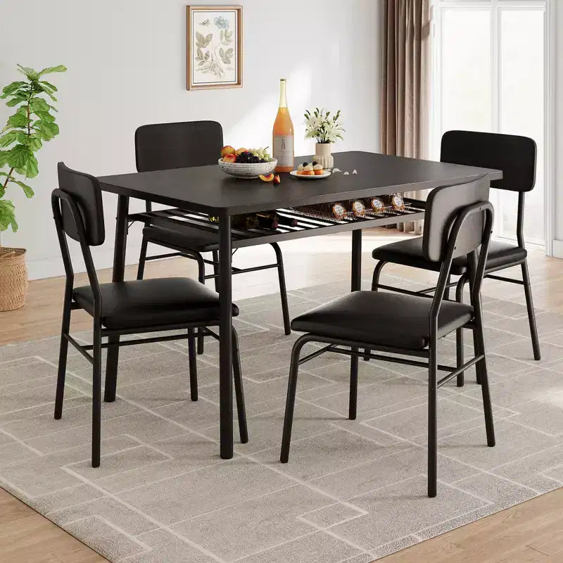 5-Piece Dining Table Set for 4, Wood Kitchen with Built-in Storage Rack,Small Kitchen Table with Upholstered Chairs and Metal Frame for Small Spaces