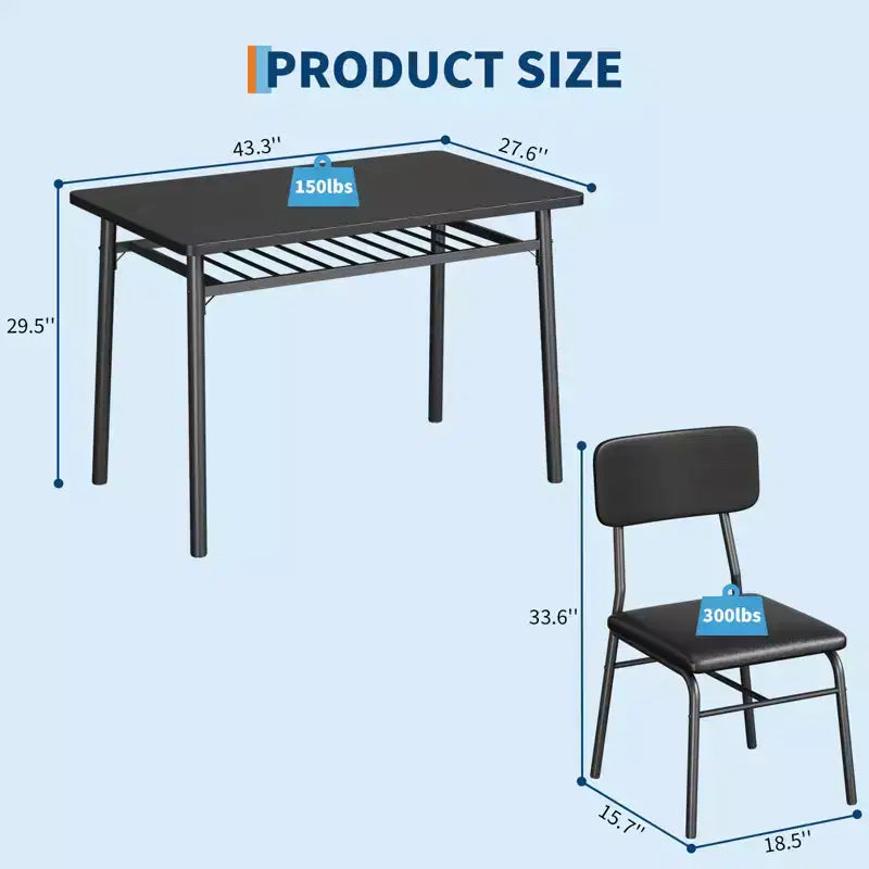 Ensemble table à manger 5 pièces pour 4 personnes, table de cuisine en bois avec étagère de rangement intégrée, petite table de cuisine avec chaises rembourrées et cadre en métal pour petits espaces
