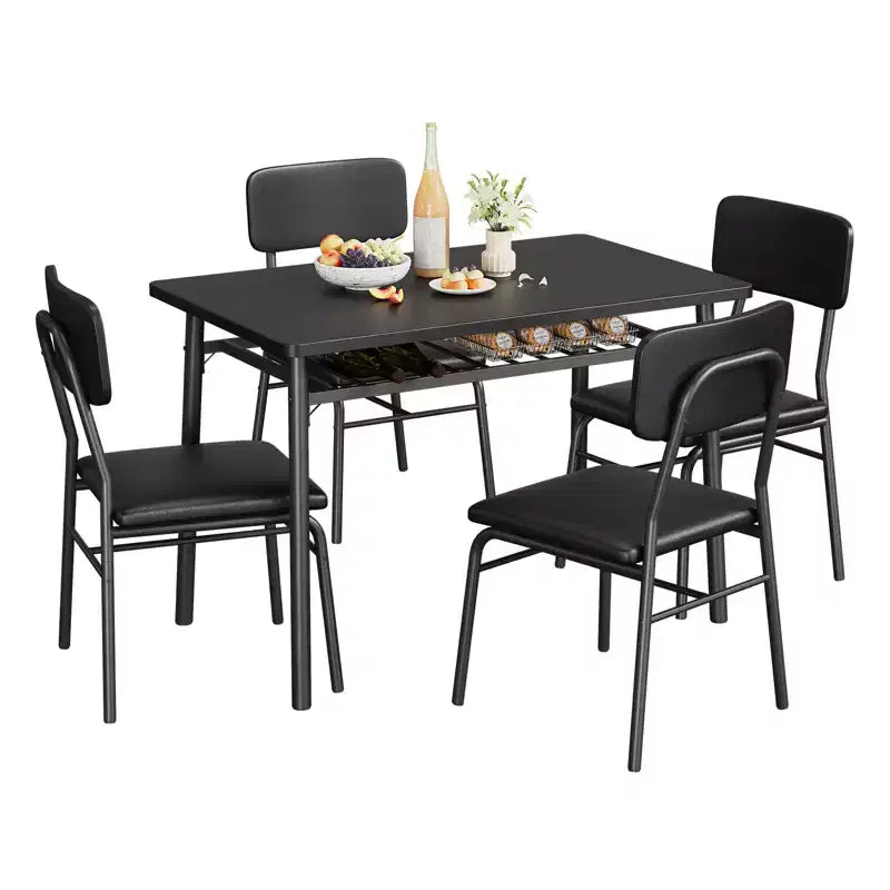 Ensemble table à manger 5 pièces pour 4 personnes, table de cuisine en bois avec étagère de rangement intégrée, petite table de cuisine avec chaises rembourrées et cadre en métal pour petits espaces