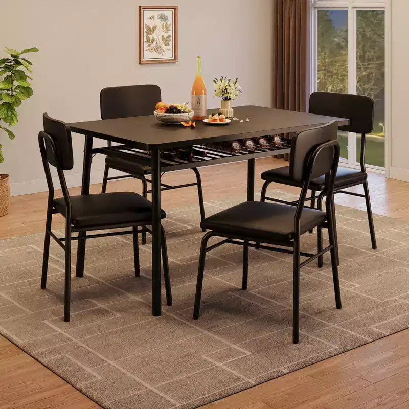 Ensemble table à manger 5 pièces pour 4 personnes, table de cuisine en bois avec étagère de rangement intégrée, petite table de cuisine avec chaises rembourrées et cadre en métal pour petits espaces