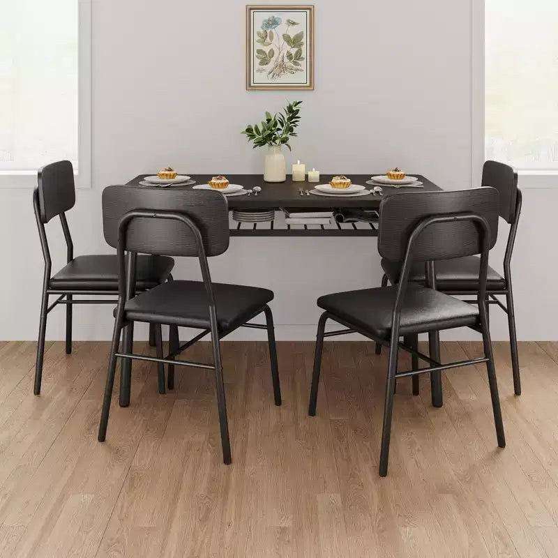 Ensemble table à manger 5 pièces pour 4 personnes, table de cuisine en bois avec étagère de rangement intégrée, petite table de cuisine avec chaises rembourrées et cadre en métal pour petits espaces