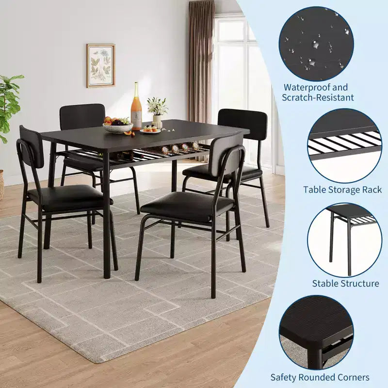 Ensemble table à manger 5 pièces pour 4 personnes, table de cuisine en bois avec étagère de rangement intégrée, petite table de cuisine avec chaises rembourrées et cadre en métal pour petits espaces