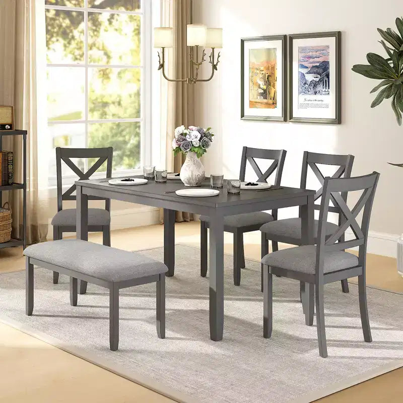 Zevemomo 6-Piece Wooden Dining Table Set,Including 1 Dining Table, 4 Upholstered Chairs and Wooden Legs Dining Table,1 Bench,for Dining Room, Grey