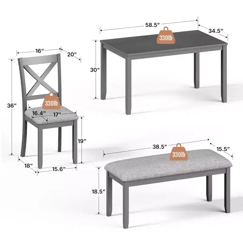 Ensemble de salle à manger en bois 6 pièces Zevemomo, comprenant 1 table à manger, 4 chaises rembourrées avec pieds en bois, 1 banc, pour salle à manger, gris
