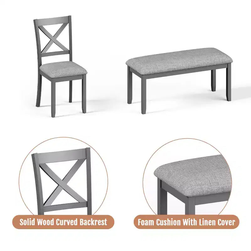 Ensemble de salle à manger en bois 6 pièces Zevemomo, comprenant 1 table à manger, 4 chaises rembourrées avec pieds en bois, 1 banc, pour salle à manger, gris
