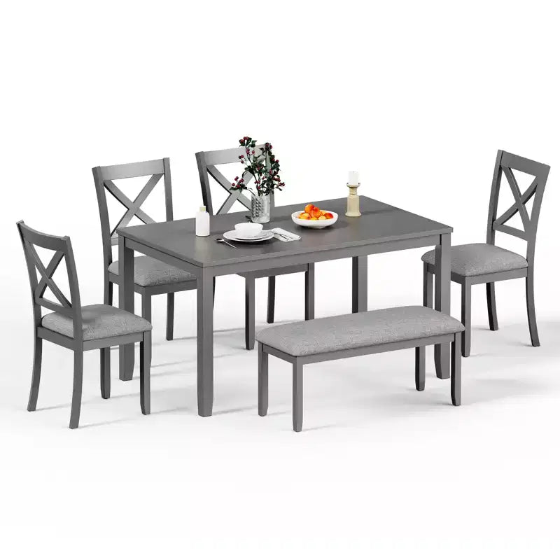 Ensemble de salle à manger en bois 6 pièces Zevemomo, comprenant 1 table à manger, 4 chaises rembourrées avec pieds en bois, 1 banc, pour salle à manger, gris