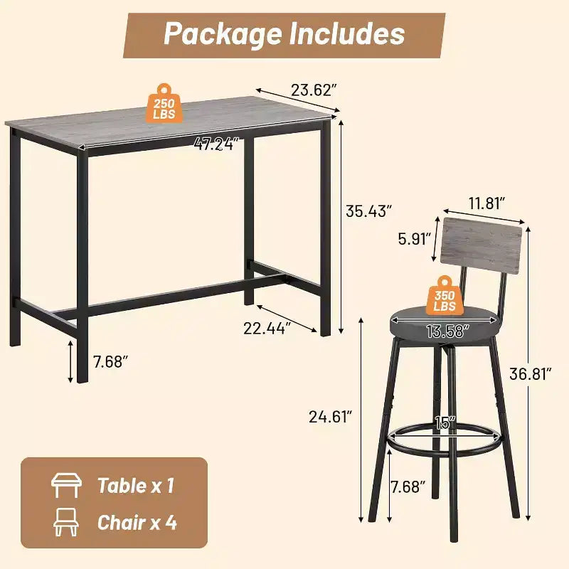 Ensemble de salle à manger Zevemomo pour 4, ensemble de table de bar 5 pièces, table haute de hauteur de comptoir avec 4 tabourets rembourrés en PU, pour petit espace, gris