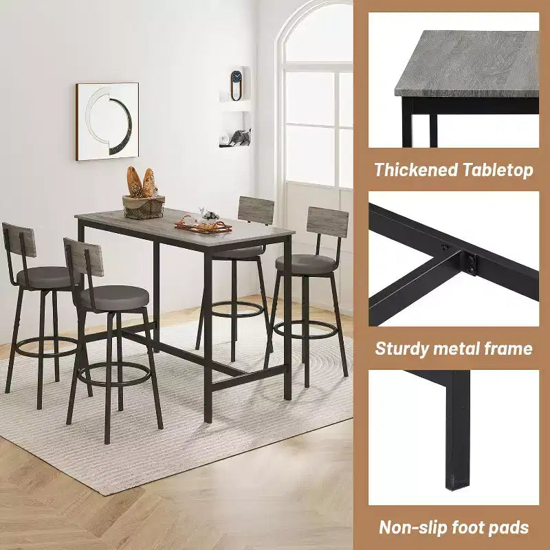 Ensemble de salle à manger Zevemomo pour 4, ensemble de table de bar 5 pièces, table haute de hauteur de comptoir avec 4 tabourets rembourrés en PU, pour petit espace, gris