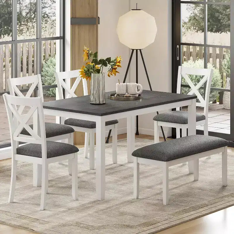 Zevemomo 6-Piece Solid Wood Dining Table Set, Including 1 Dining Table, 4 Upholstered Chairs and 1 Bench, for Dining Room, Kitchen, , White Diamond