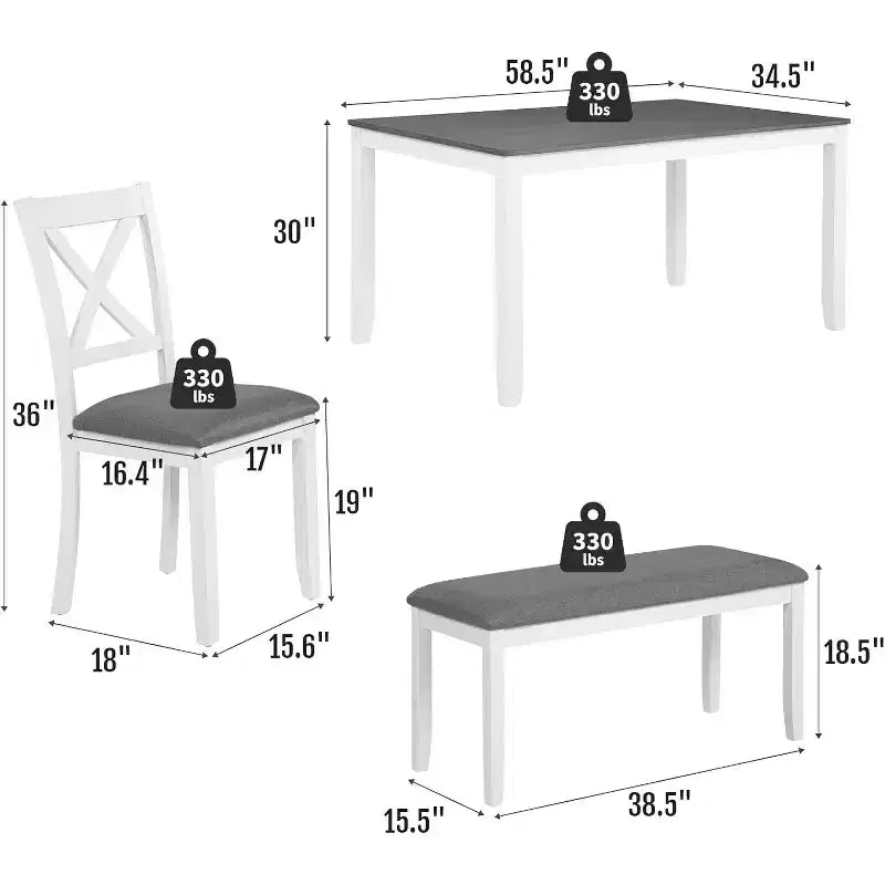 Ensemble de salle à manger Zevemomo 6 pièces en bois massif, comprenant 1 table à manger, 4 chaises rembourrées et 1 banc, pour salle à manger, cuisine, , Blanc diamant
