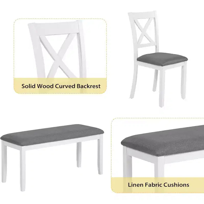 Ensemble de salle à manger Zevemomo 6 pièces en bois massif, comprenant 1 table à manger, 4 chaises rembourrées et 1 banc, pour salle à manger, cuisine, , Blanc diamant