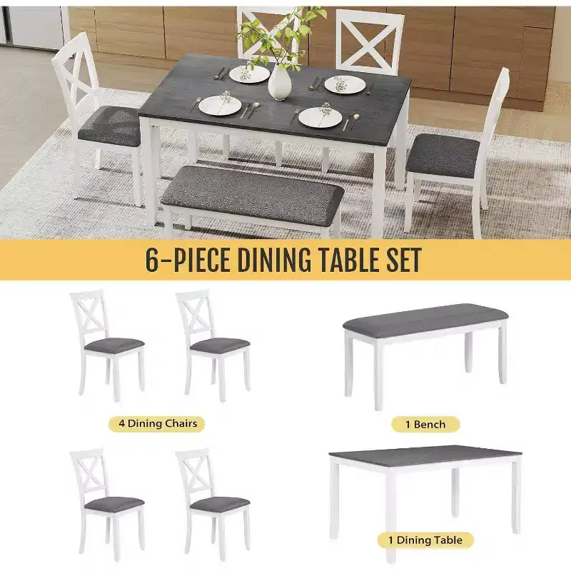 Ensemble de salle à manger Zevemomo 6 pièces en bois massif, comprenant 1 table à manger, 4 chaises rembourrées et 1 banc, pour salle à manger, cuisine, , Blanc diamant