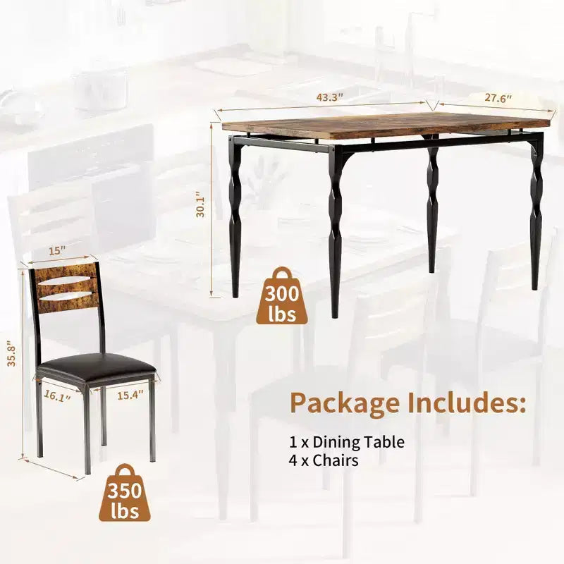 Ensemble de salle à manger 5 pièces pour 4 personnes, ensemble de table de cuisine de 109 cm avec pieds en spirale, table et chaises de cuisine rectangulaires en bois, table de petit-déjeuner peu encombrante