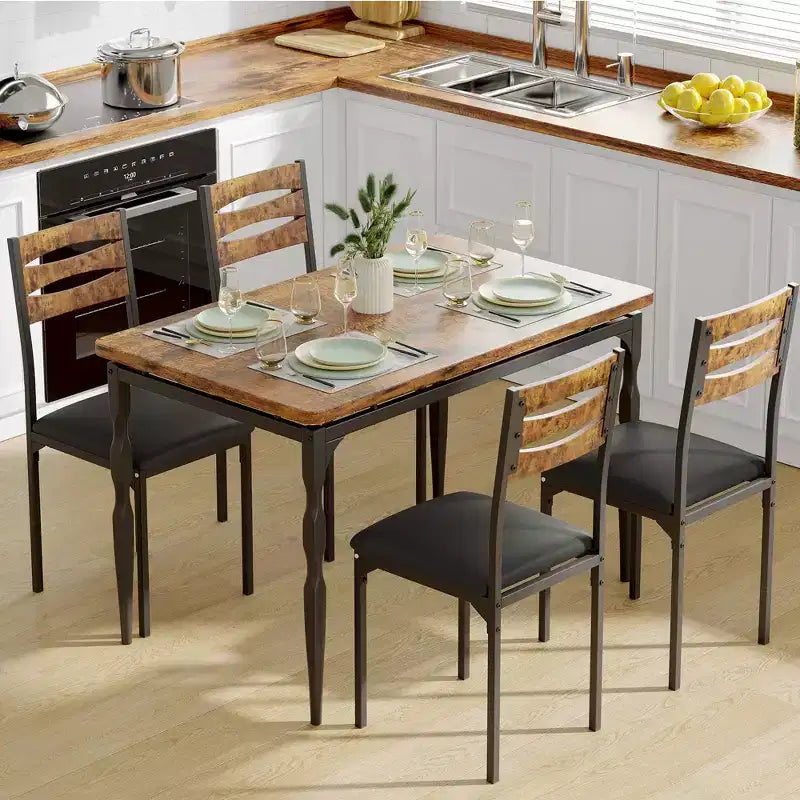 Ensemble de salle à manger 5 pièces pour 4 personnes, ensemble de table de cuisine de 109 cm avec pieds en spirale, table et chaises de cuisine rectangulaires en bois, table de petit-déjeuner peu encombrante