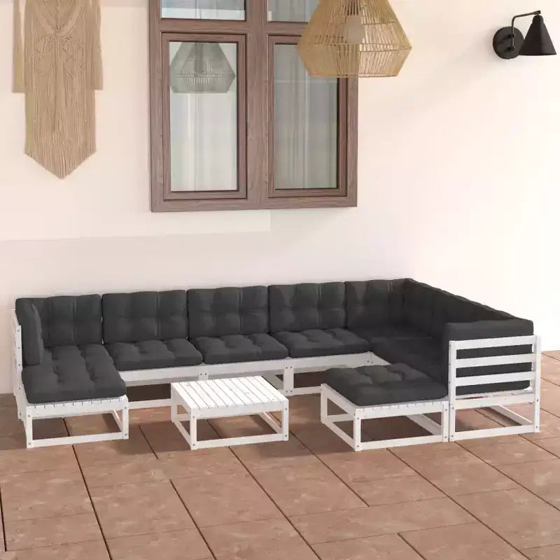 vidaXL Salon de jardin 10 pièces Canapé d'angle d'extérieur Bois de pin massif - Blanc avec coussins