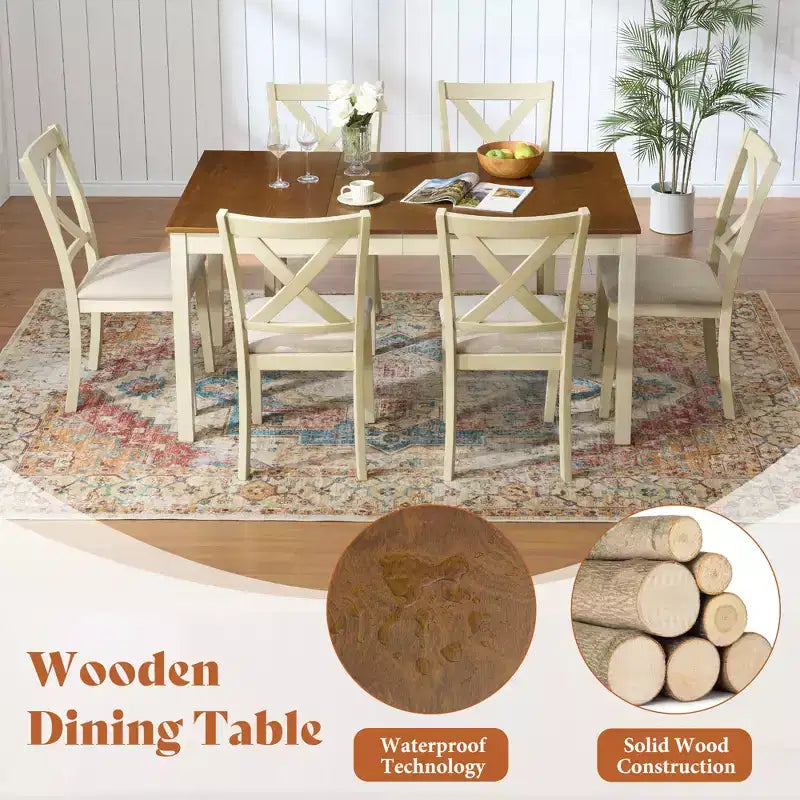 AMERLIFE Ensemble de salle à manger 7 pièces de style ferme, table de 152 cm peu encombrante avec 6 chaises pour salle à manger, cuisine