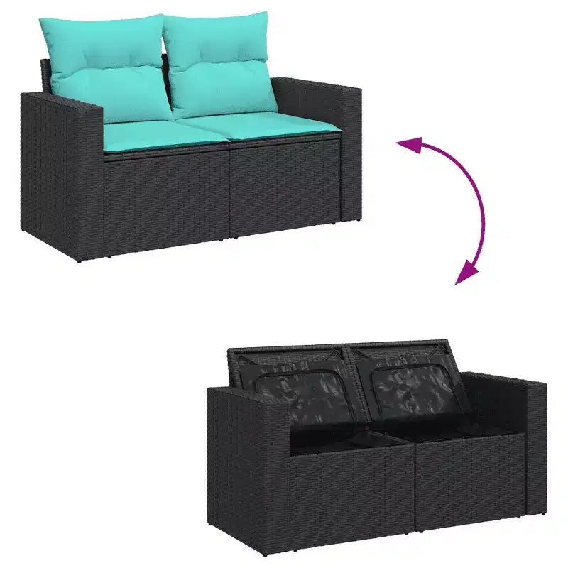 vidaXL Ensemble de canapés de jardin 5 pcs avec coussins Noir Résine tressée - Noir et bleu Sans table
