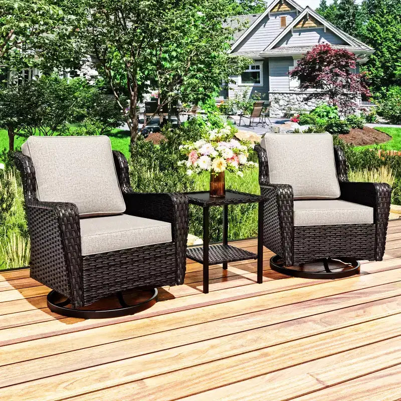 UPTIOT Ensemble de 3 Chaises Pivotantes de Patio en Rotin