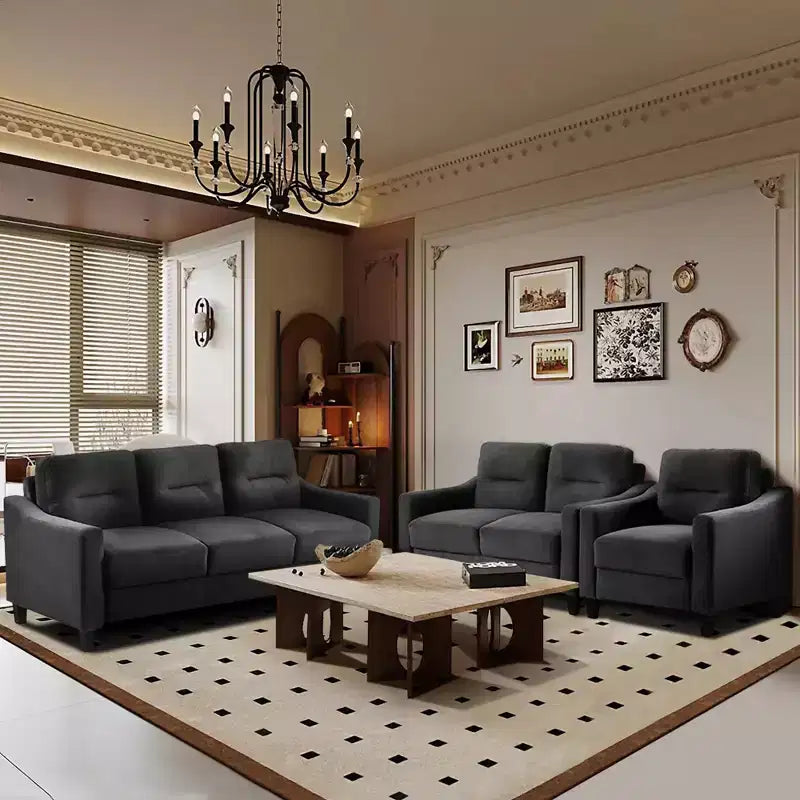 PexFix Modern Velvet Upholstered 3 Set Sectional Couches 3-Seater Sofa Loveseat and Single Chair with Solid Wood Frame for Living Room Apartment Black