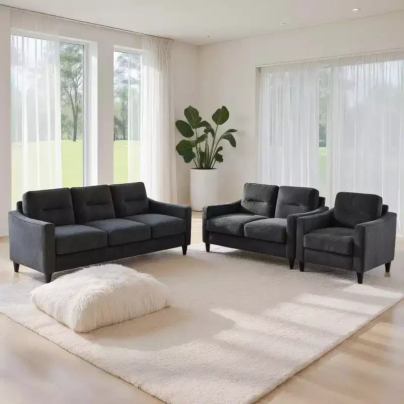 Canapés modulaires modernes PexFix 3 places, causeuse et fauteuil simple en velours avec cadre en bois massif pour salon, appartement, noir