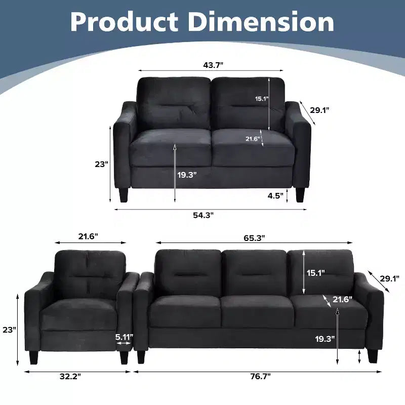 Canapés modulaires modernes PexFix 3 places, causeuse et fauteuil simple en velours avec cadre en bois massif pour salon, appartement, noir