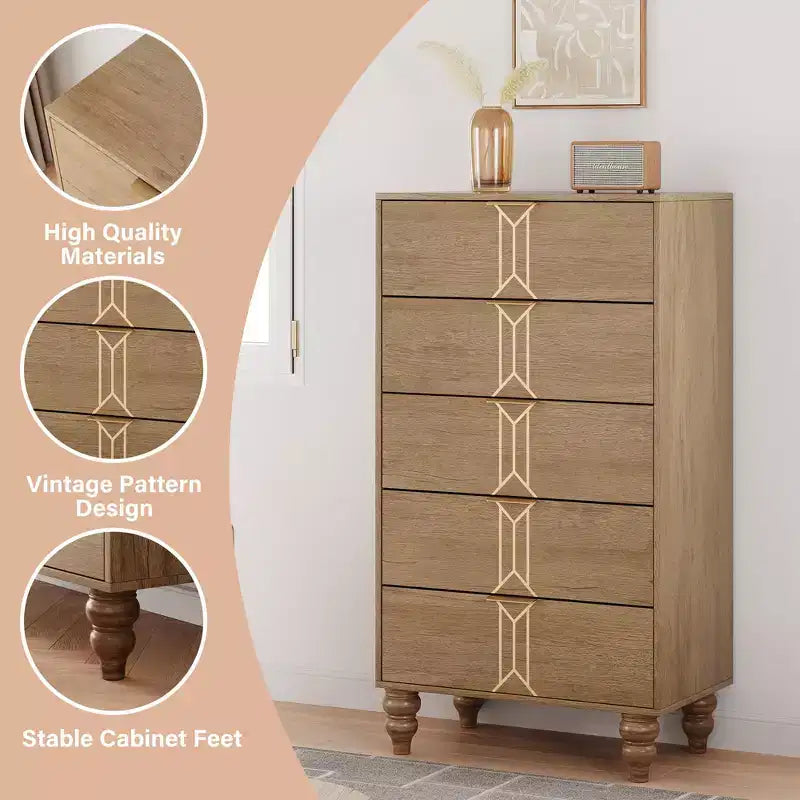 Commode à 5 tiroirs, commode haute moderne en bois avec tiroirs profonds, chiffonnier pour chambre à coucher, salon, couloir, entrée