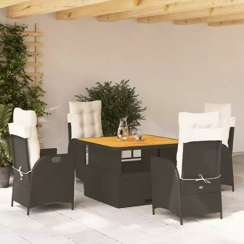 vidaXL Ensemble de salle à manger d'extérieur 5 pièces avec coussins - Chaises inclinables réglables et table relevable, rotin synthétique noir, mobilier d'extérieur résistant aux intempéries