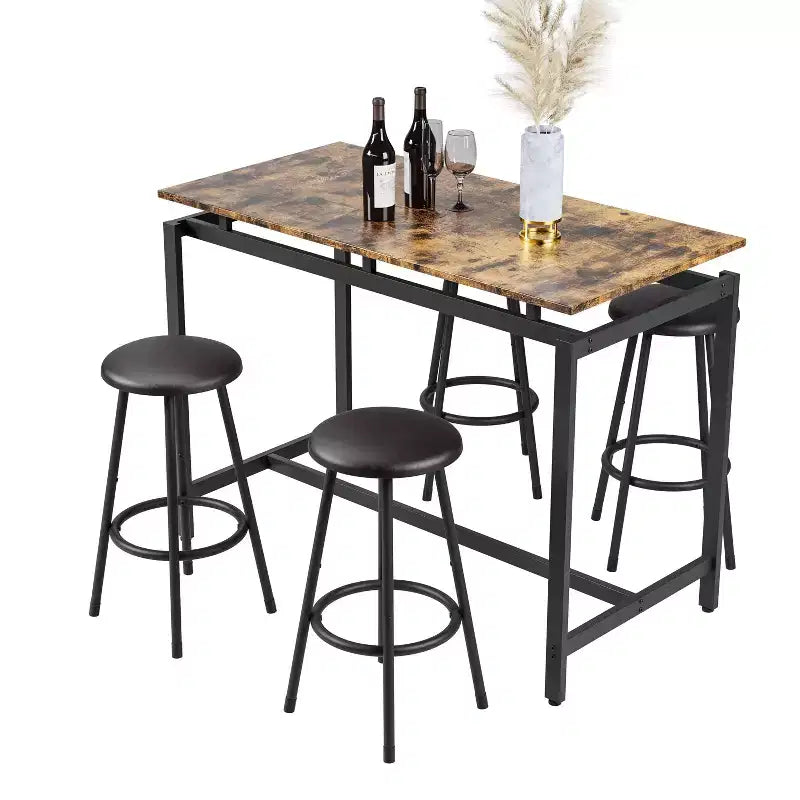 Ensemble table de bar et 4 tabourets industriels Homy Casa, marron rustique et noir, ensemble de salle à manger moderne à hauteur de comptoir