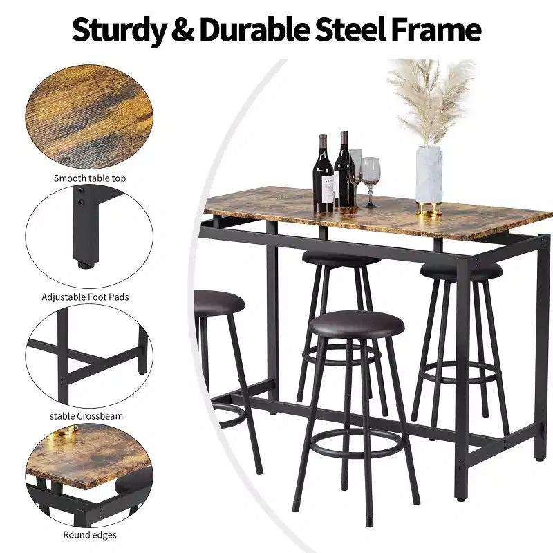Ensemble table de bar et 4 tabourets industriels Homy Casa, marron rustique et noir, ensemble de salle à manger moderne à hauteur de comptoir