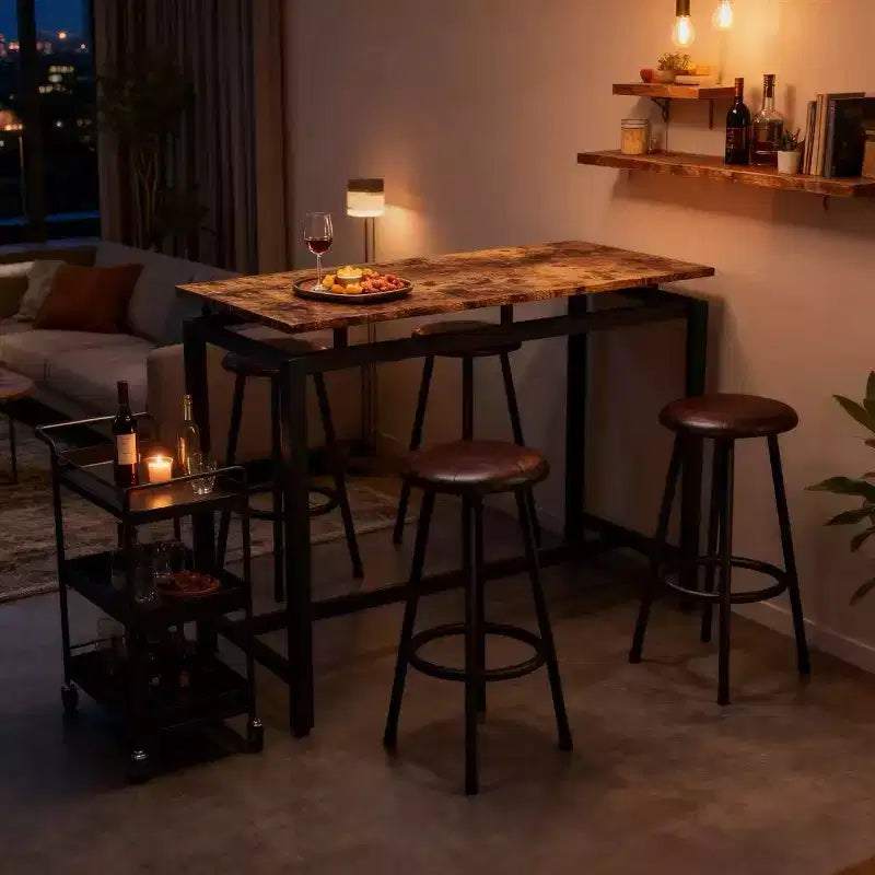 Ensemble table de bar et 4 tabourets industriels Homy Casa, marron rustique et noir, ensemble de salle à manger moderne à hauteur de comptoir