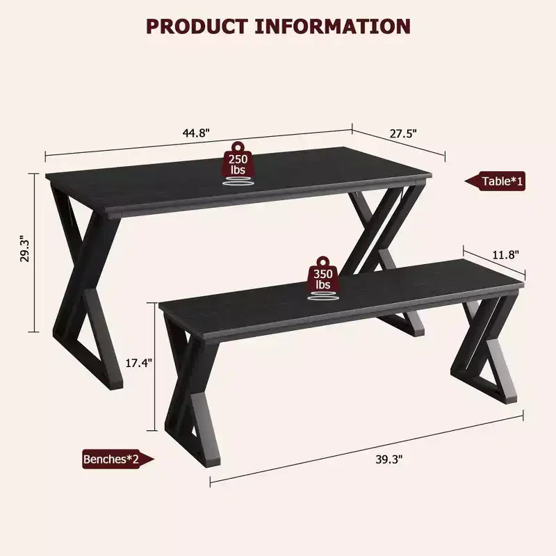 Ensemble table à manger CuisinSmart avec banc et plateau en bois, table de cuisine à structure métallique avec pieds en X et banc pour 4 personnes, pour café, maison, bureau, noir