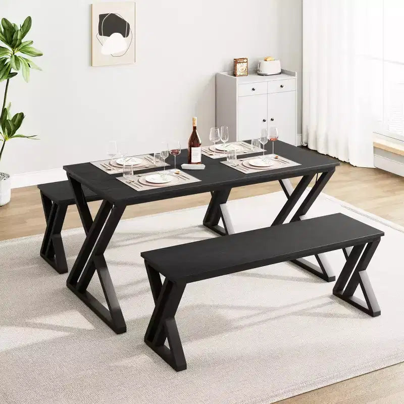 Ensemble table à manger CuisinSmart avec banc et plateau en bois, table de cuisine à structure métallique avec pieds en X et banc pour 4 personnes, pour café, maison, bureau, noir
